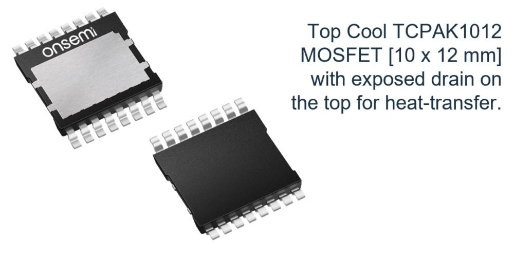 TCPAK1012 automotive top cool MOSFET package shown from top and bottom views, highlighting exposed top thermal pad and short description.